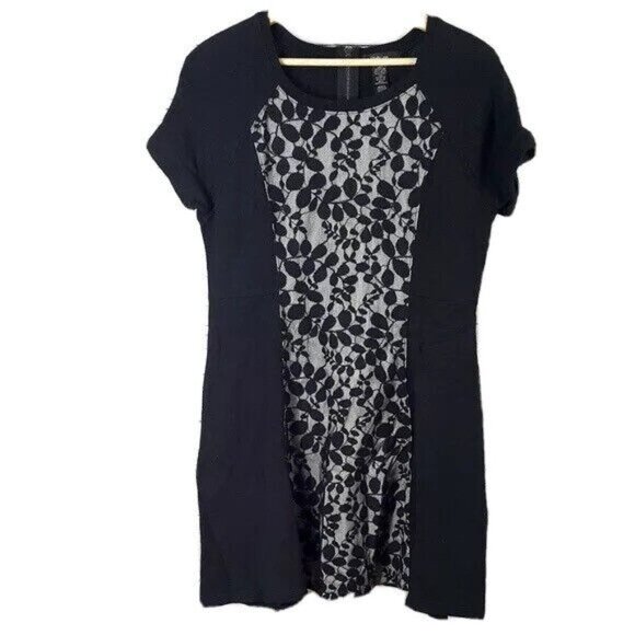 Style & Co. Womens Shift Dress Black Medium Gray Back Zip Lace Panel Floral - Picture 4 of 5